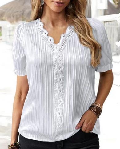 V Neck Elegant Summer Blouse Women Lace Hollow Out Short Sleeve Tops Mujer Loose 2023 Ladies Office Simple Casual Shirts