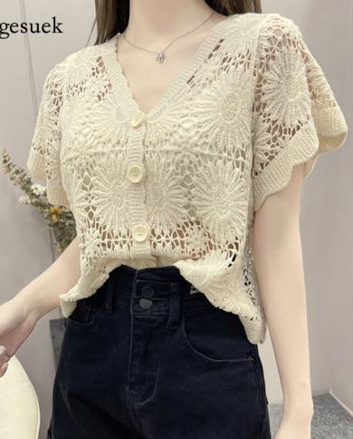  Vneck Lace Hollow Women Tops New  Style Womens Blouse Clothes Cardigan Shortsleeved Batwing Sleeve Female 14459  Women
