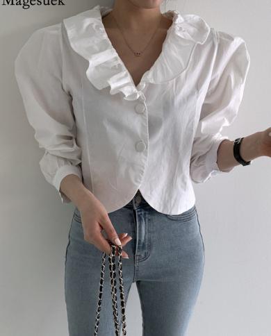 White Short Doll Shirts Ladies Slim Fit Long Puff Sleeve Blouse  Ruffle Peter Pan Collar Women Tops Casual Clothes 20731
