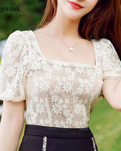Vintage Square Collar Floral Lace Blouse Women Sweet Puff Sleeve Hook Flower Hollow Short Tops Summer  Apricot Shirt 154