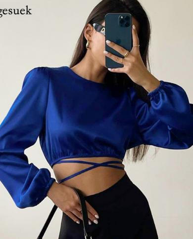 Spring  Backless Crop Top Long Sleeve Satin Blouse Women Laceup Short Shirt Summer Blue Bandage Party Blouse Clothing 18