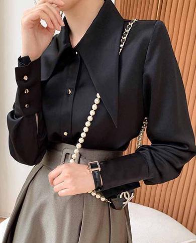 Fashion Long Sleeve Slik Blouse Office Elegant Satin Women Shirts Casual Blusas Turn Down Collar Tops Lady Loose Clothes