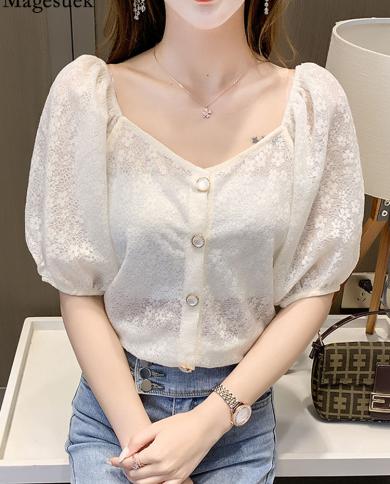 Sweet Puff Short Sleeve Lace Blouse Casual Vneck Button Chiffon Shirt Summer Crochet Hollow Solid White Blouse Slim Tops