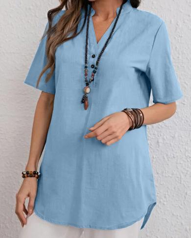 Fashion Summer Casual Blouse V Neck Woman Short Sleeve Loose Solid Button 2023 New Women Clothing Tops Ladies Shirt Blus