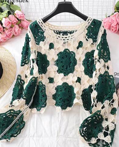 Elegant Vintage Hook Flower Knitted Blouses Women Hollow Out Slim Lady Tops Clothes Loose Long Sleeve Womens Shirt Blus