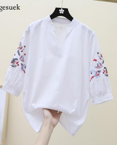 Elegant Embroidery Shirts Fashion Vneck Stripe White Women Tops Summer Casual Chemise Ethnic Style Blouse Femme Blusas 1