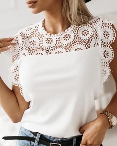 Summer Lace Sleeveless Blouse Sweet Solid Color Women  Hollow Out Ladies White Shirt Black Elegant Casual Blusas Tops 25