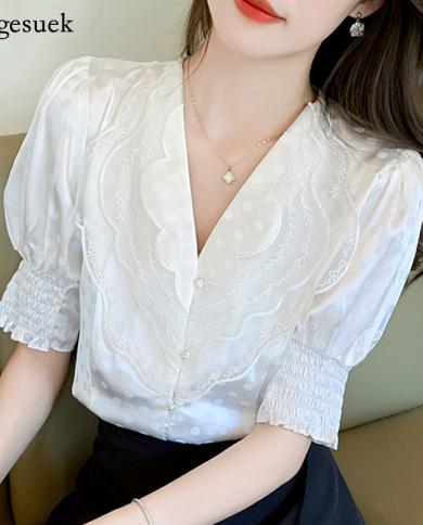 Summer Lace Chiffon Shirt Ladies  V Neck Puff Sleeve Polka Dot Blouse Women New French Style Loose White Female Tops 152