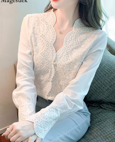 Vneck Vintage Floral Embroidery White Blouse Elegant Women Hollow Out Shirt Autumn New Long Sleeve Tops Clothes Blusas 2