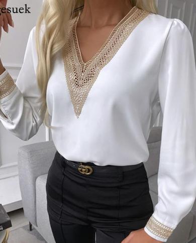 Casual Satin Silk Chiffon Shirts Embroidery V Neck Lace Long Sleeve Blouse Women Solid Autumn Hollow Out Women Tops Blus