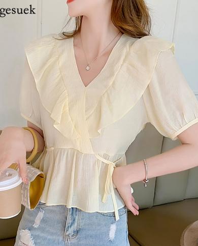 Elegant Summer Women Blouses Ruffle Stitching V Neck Fashion Chiffon Shirts Sweet  Lace Up Slim White Tops Blusas 15395b