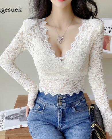  Lace Blouse Women  Spring V Neck New Hollow High Waist Solid Short Lace Top Long Sleeve Solid Crochet Lace Shirt 13725 
