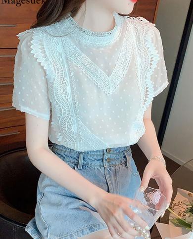 Short Sleeve Chiffon Lace Shirt Blouse 2022 Summer Oneck Women Sweet Lace Patchwork Tops Jacquard White Vintage Shirts 2