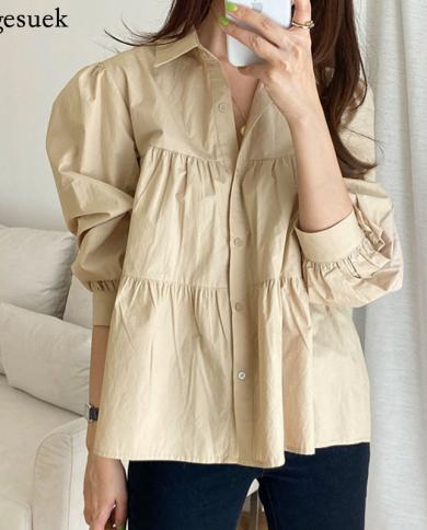  Loose Casual Womens Shirt Vintage French Lapel Pleated Stitching Blouse Puff Sleeve Office Lady White Tops Blusas 1572