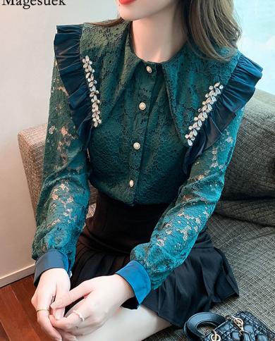 Fashion Hollow Out Elegant Shirt Sweet Lace Blouse Long Sleeve Casual Tops Clothes 2022 Spring Ruffle Beaded Button Shir