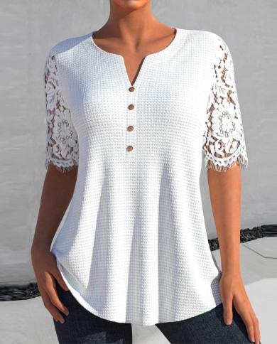 Summer Lace Short Sleeve Blouse Casual Elegant Loose Vneck Knit Spring 2023 New Women Shirts Office Lady Clothes Blusas 
