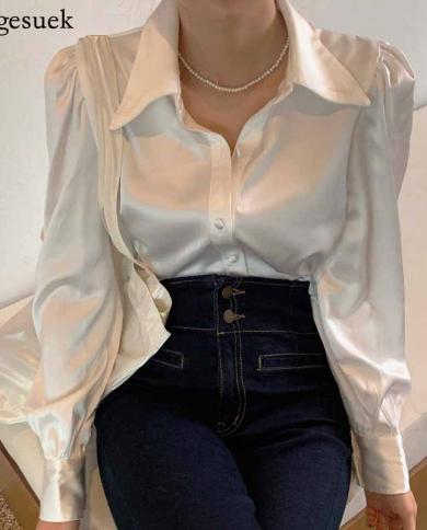Chic Loose Satin  Elegant  Shirt  Bubble Sleeve Button Lapel Women Shirt Tops White New Women Blouse Blusas Mujer 12635s
