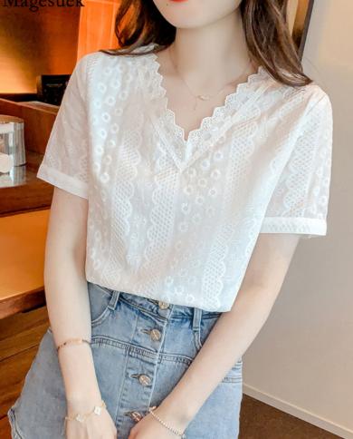 Short Sleeve White Blouses Women Sweet Loose V Neck Shirt Summer Tops Chic Jacquard Lace Shirts For Women 2022 Office La