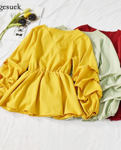 8 Colors Chiffon Shirt  Vneck Petal Sleeve Retro Women Tops Ol Style Slim Blouse Women Spring Pleated Solid Clothes 1503