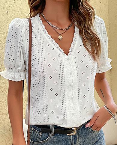 V Neck Summer White Hollow Blouse  Elegant Lace Shirt Puff Short Sleeve Tops Casual Women Clothes Solid Slim Blusas 2600