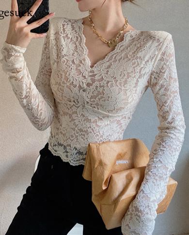 Summer V Neck Lace Blouse Women French Chic  Short Transparent Floral Shirt Ladies New Slim Long Sleeve Bottoming Tops 1