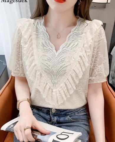 Summer Ruffle Women Lace Blouse  Fashion 2022 V Neck Casual Loose Beading Shirts Ladies Hollow White Tops Blusas 21213  
