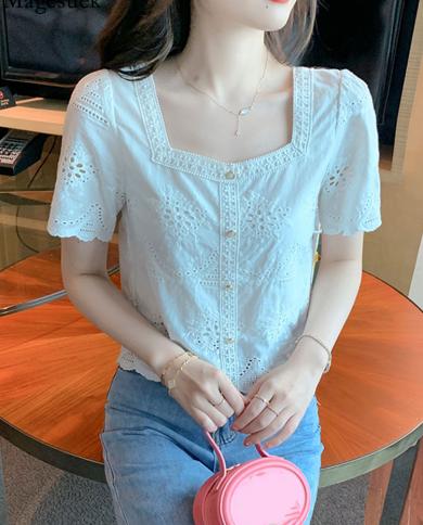 Summer 2022 Chiffon Lace Blouse Women Blusas Casual Sweet White Blouse Hollow Out Clothes Fashion Square Collar Short To