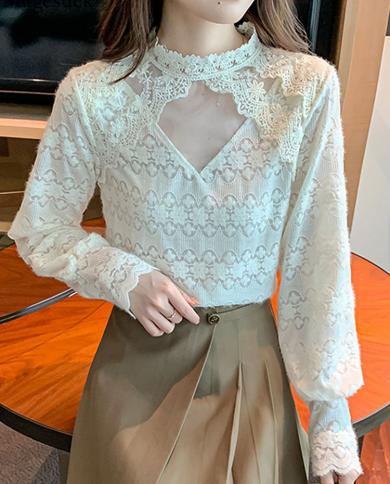 Stand Collar Embroidery Fashion Lace Blouse Elegant Women Hollow Out Womens Shirt Spring Autumn Long Sleeve Blouses Top