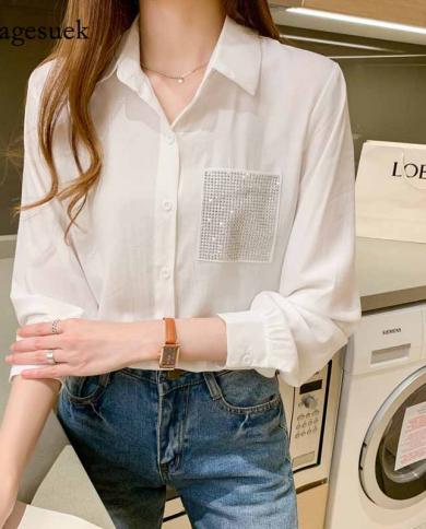 Autumn Fashion New Pockets Solid Turndown Collar Womens Blouse  Style Loose Longsleeved Shirt Blusas Mujer 10775  Blou