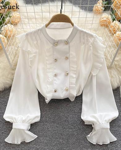 French Vintage Doublebreasted Shirts Stand Collar Ruffled Stitching Blouse Spring Lantern Long Sleeve Loose Elegant Tops
