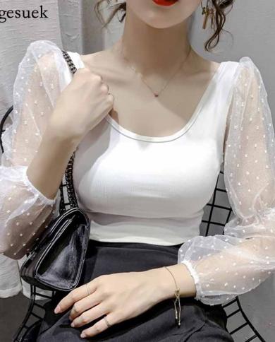 Patchwork  Oneck Cotton Office Fashion Women Blouses Long Sleeve Shirt Women   Mesh Ladies Tops And Blouses 11264  Blous