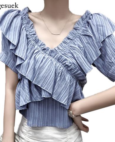 New Fashion Ruffles Blouse Women Off Shoulder Blouses Summer Chiffon Shirt  Slash Neck Short Sleeve Tops Blusas Mujer 15