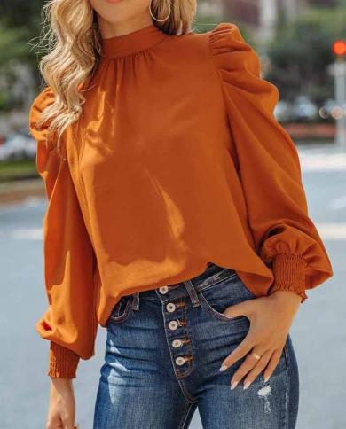 Elegant Stand Collar Bow Blouse Women Spring Orange Puff Long Sleeve Women Tops Casaul Loose Shirt Clothes Blusa Mujer 2