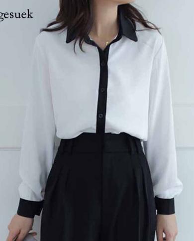 Professional Slim Lapel Blouse Women Cardigan Tops Autumn Long Sleeve White And Black Splice Bottoming Shirts Blusas Muj