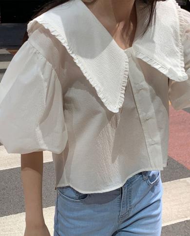  Summer Loose Women Tops  Fashion New Doll Collar Puff Short Sleeve Short Blouse Sweet Casual Allmatch Clothes 14444  Wo