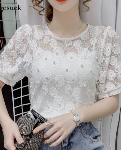  Summer Hollow Out Shirt  French Short Sleeve Lace Shirt Oneck Fashion Style Base Shirt With Sling Beading Shirt 14045  