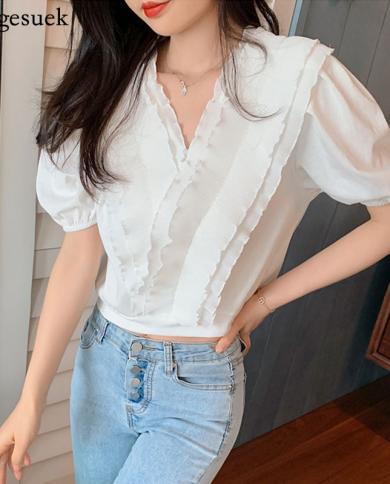  Summer New French Women Top New V Neck Chic Ruffle Patchwork Retro Short White Blouse Puff Short Sleeve Pleated Shirt 1