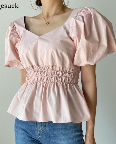  Fashion Elastic Pleated Blouse Women Puff Short Sleeve Slim Tops Female Square Collar Summer Shirts  Blusas 15556blouse