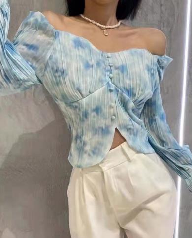  Fashion Offshoulder Women Chiffon Blouse Flare Sleeve Square Collar Crop Tops Pleated Chic Tie Dye Slash Neck Shirt 179