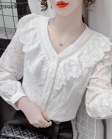 French Elegant Ruffle Womens Blouse V Neck Hollow Out Lace White Shirt For Women New Autumn Loose Flowers Long Sleeve T