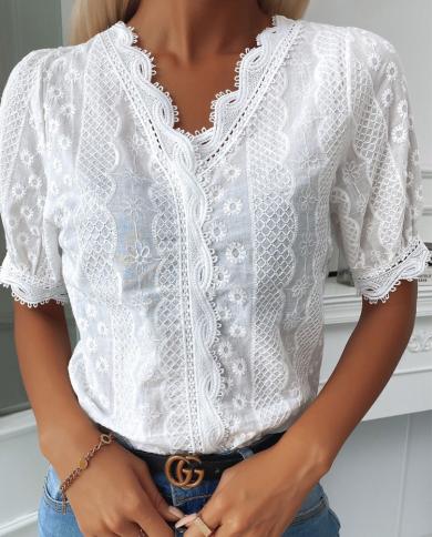 Summer Vneck Fashion Lace Blouse Women Puff Short Sleeve Tops Blusas Mujer 2023 White Loose Casual Elegant Lady Shirts 2