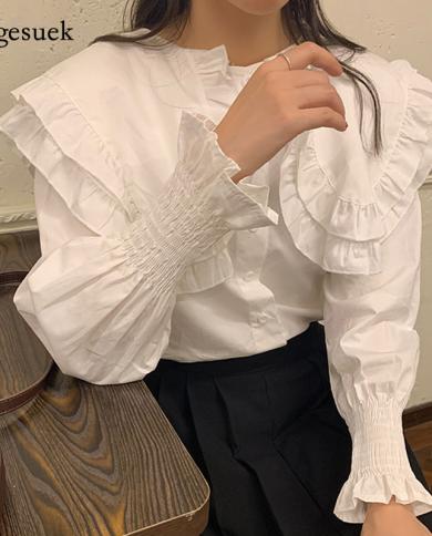 Elegant Chic Doll Collar Women White Blouse Spring Long Sleeve Ruffled Lapel Loose Elegant Top Fashion Allmatch Shirt 13