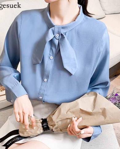 Elegant Office Lady Long Sleeve Shirt  Autumn New Style Fashion Bow Tie Stand Collar Vintage Top Woman Blouse Female 106