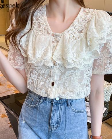 New Summer Lace Shirt Fashion Sweet Ruffle Stitching Women Tops New Transparent Embroidery Floral Bead Short Sleeve Blou