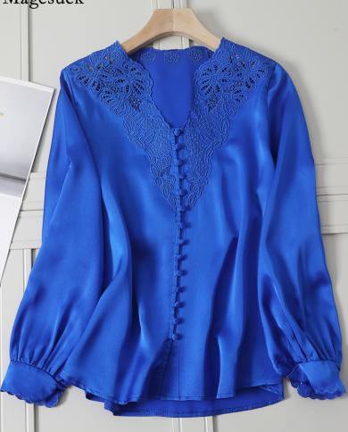 Vneck Elegant Women Fashion Shirt Vintage Embroidery Hollow Satin Blosue Loose Tops Ladies Chic Solid Long Sleeve Shirts