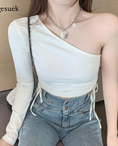 New Spring Chic Skew Collar Single Sleeve Slim Cotton Tshirt  Leaky Shoulder Short Crop Top Drawstring Woman Tshirts 129
