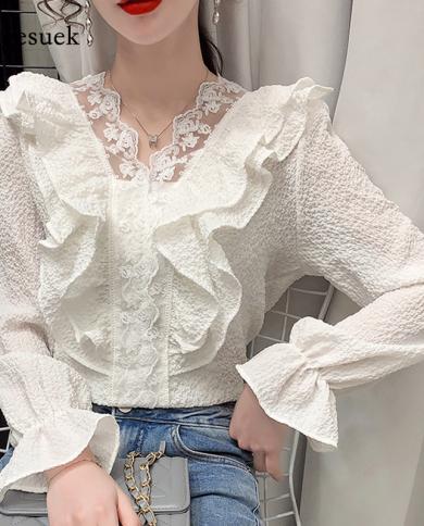 New V Neck Lace White Blouse Women Spring Vintage Ruffled Splicing Slim Shirt Fashion Solid Sweet Flare Sleeve Female To
