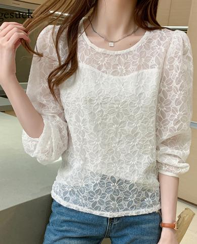  Spring  Women Tops New Chic Embroidery Floral O Neck Lantern Long Sleeve Shirt Elegant Lace Loose White Blouse 13982  W