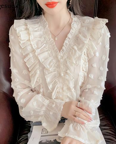 French Womens Ruffle Blouse New  Autumn Long Sleeve Elegant Chiffon Shirt Vneck Loose Lace Blouse Women Top Blusas 1719