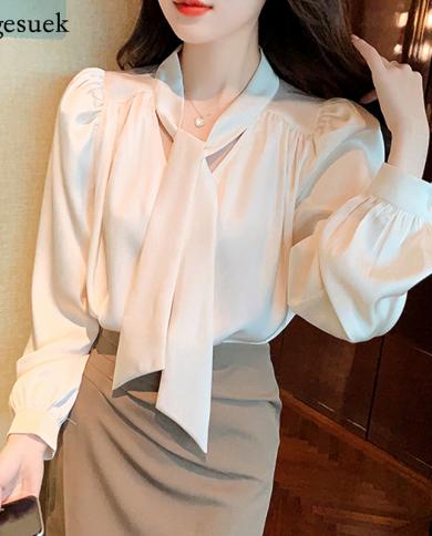 French Long Sleeve Bow Tie Women Blouse Casual Wear On Both Sides Apricot Blouse Autumn Tops Elegant Shirt Loose Clothes